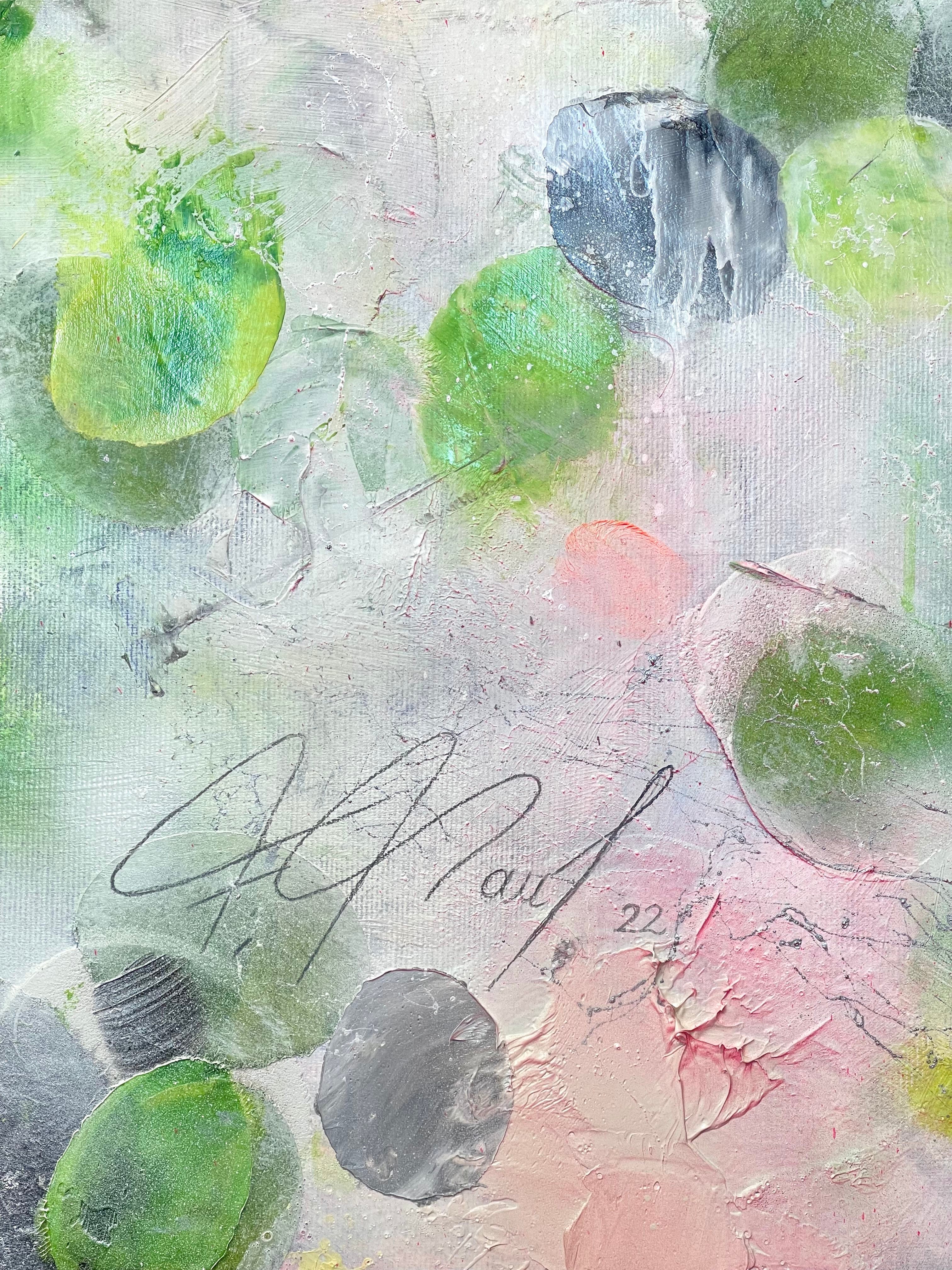 Gentle Day Glow_Oil,Acrylic,Rice Paper on canvas_110x100cm_2022_2900€_Grün_Kunstwerk_Maler