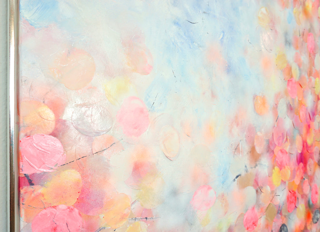 Abstrakte Natur Malerei in Neon pink gelb und Weiß auf Leinwand im Schattenfugenrahmen.jpg