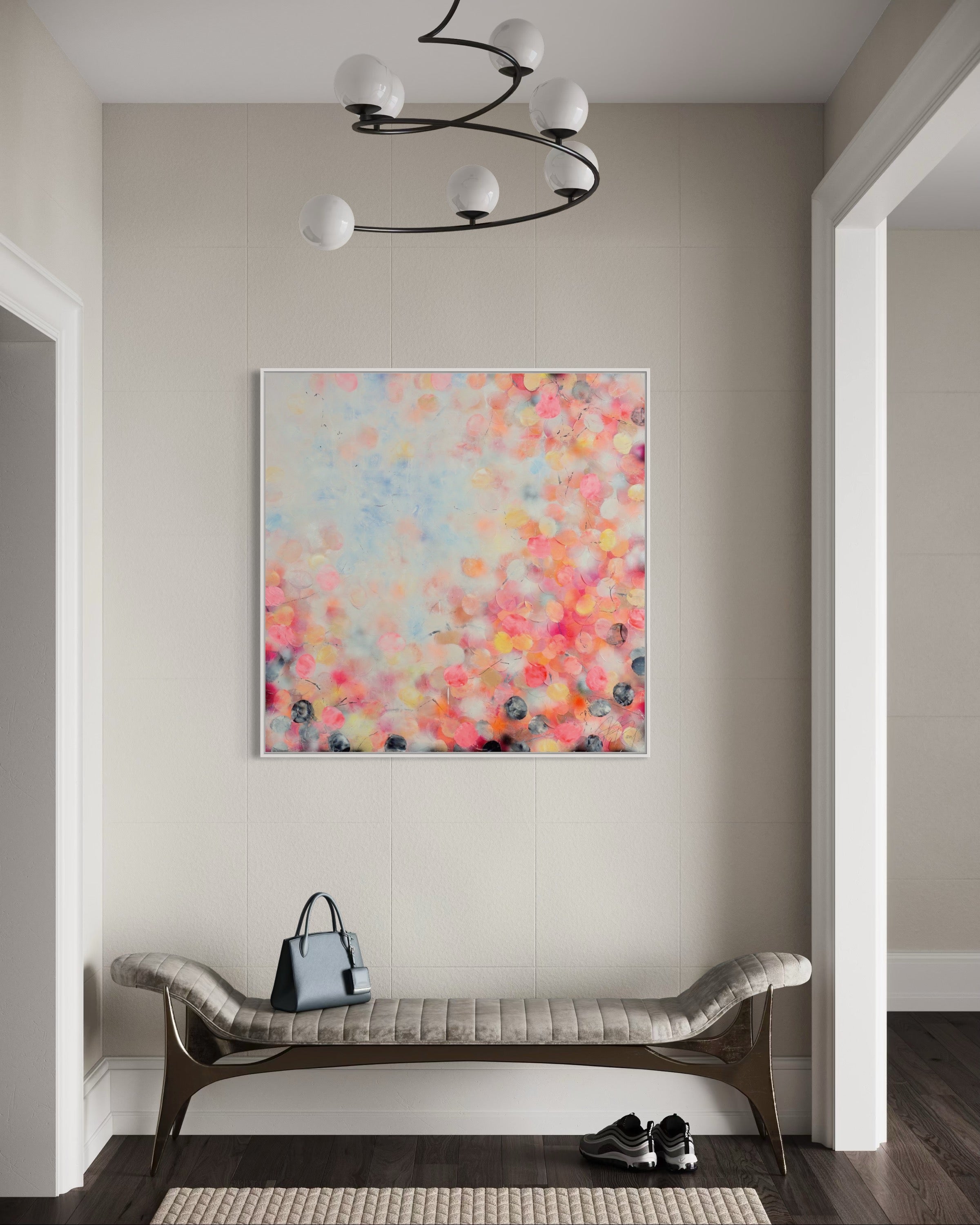 Großformatiges abstraktes Kunstwerk in Neon Rosa Gelb tönen inszeniert in hellem, modernen