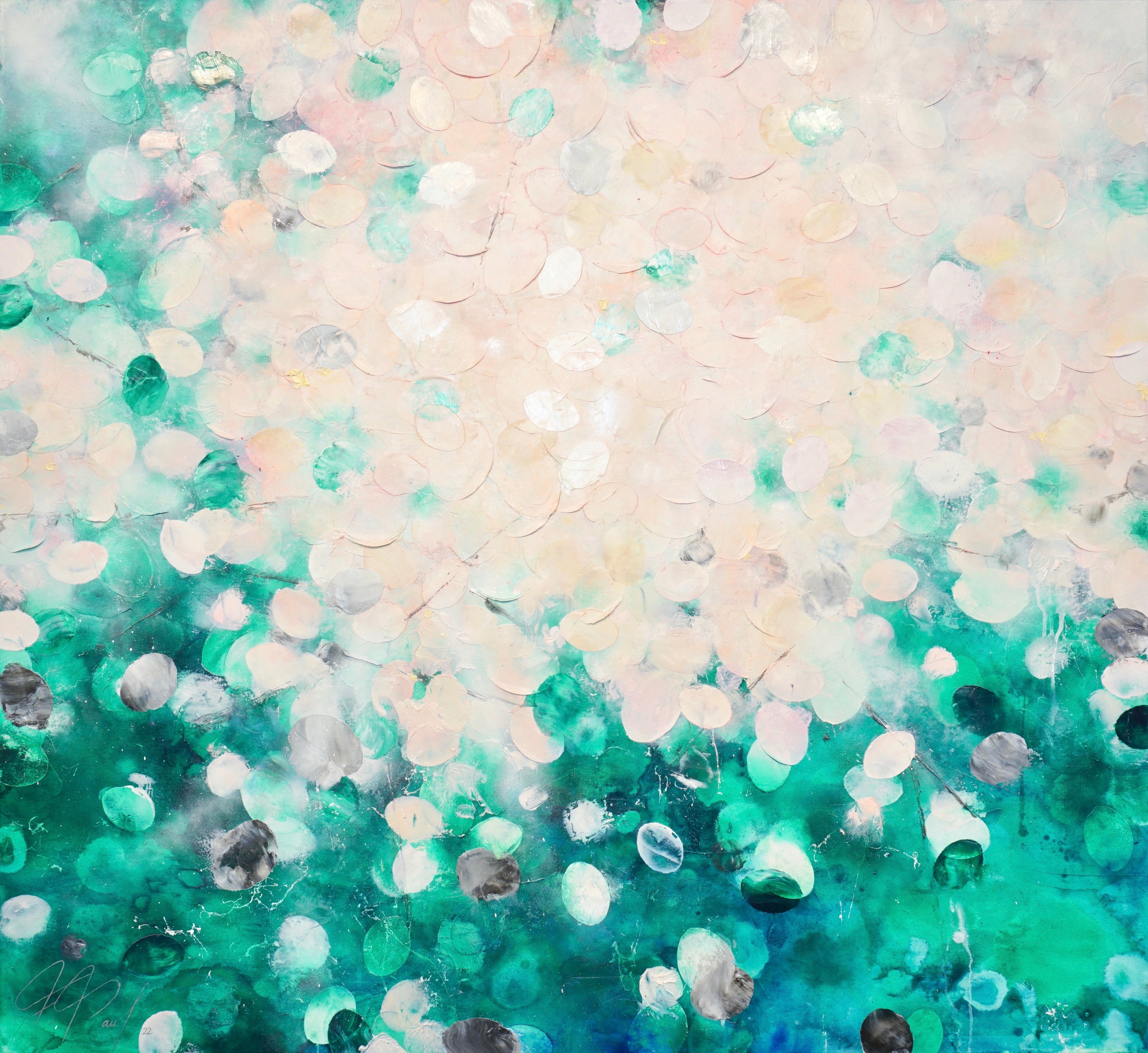 Frederic Paul_Seerosen_Öl,Acryl,Reispapier auf Leinwand_110x120cm_2022_3200 EUR_Abstrakt_A