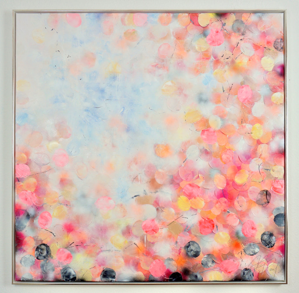 Abstraktes Gemälde mit floralen Strukturen in Neon Farben, Öl, Acryl und Reispapier auf Le