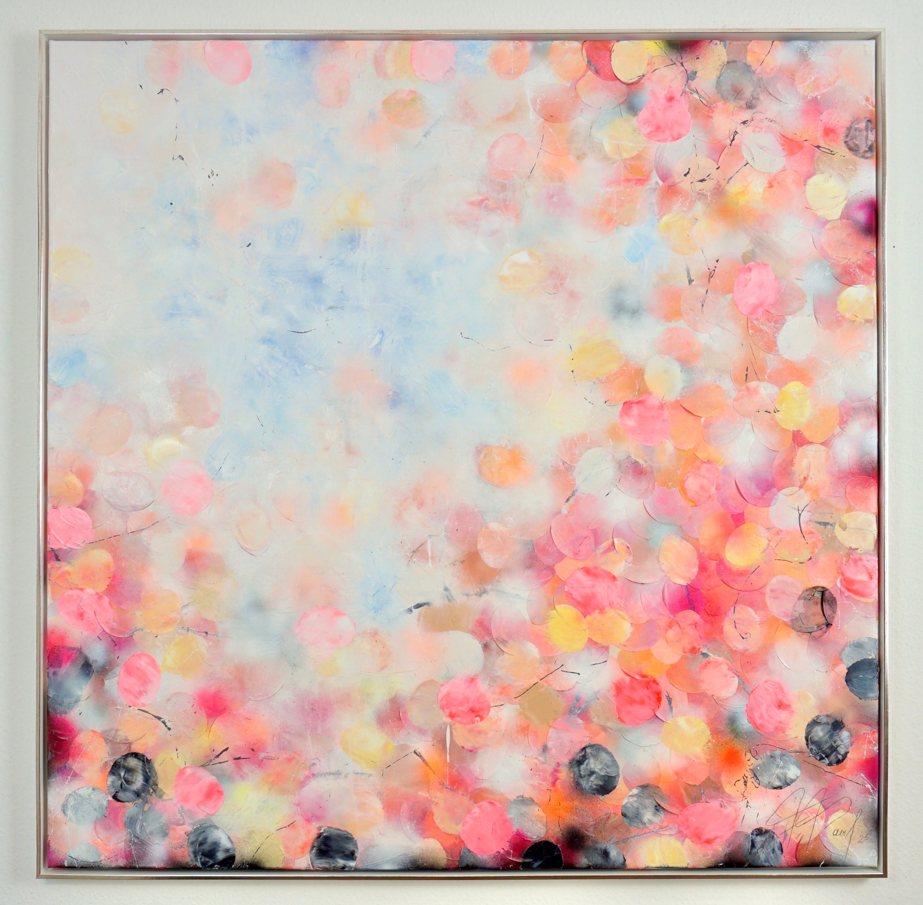 Abstraktes Gemälde mit floralen Strukturen in Neon Farben, Öl, Acryl und Reispapier auf Le