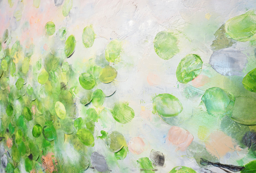 Gentle Day Glow_Oil,Acrylic,Rice Paper on canvas_110x100cm_2022_2900€_Grün_Kunstwerk_Maler