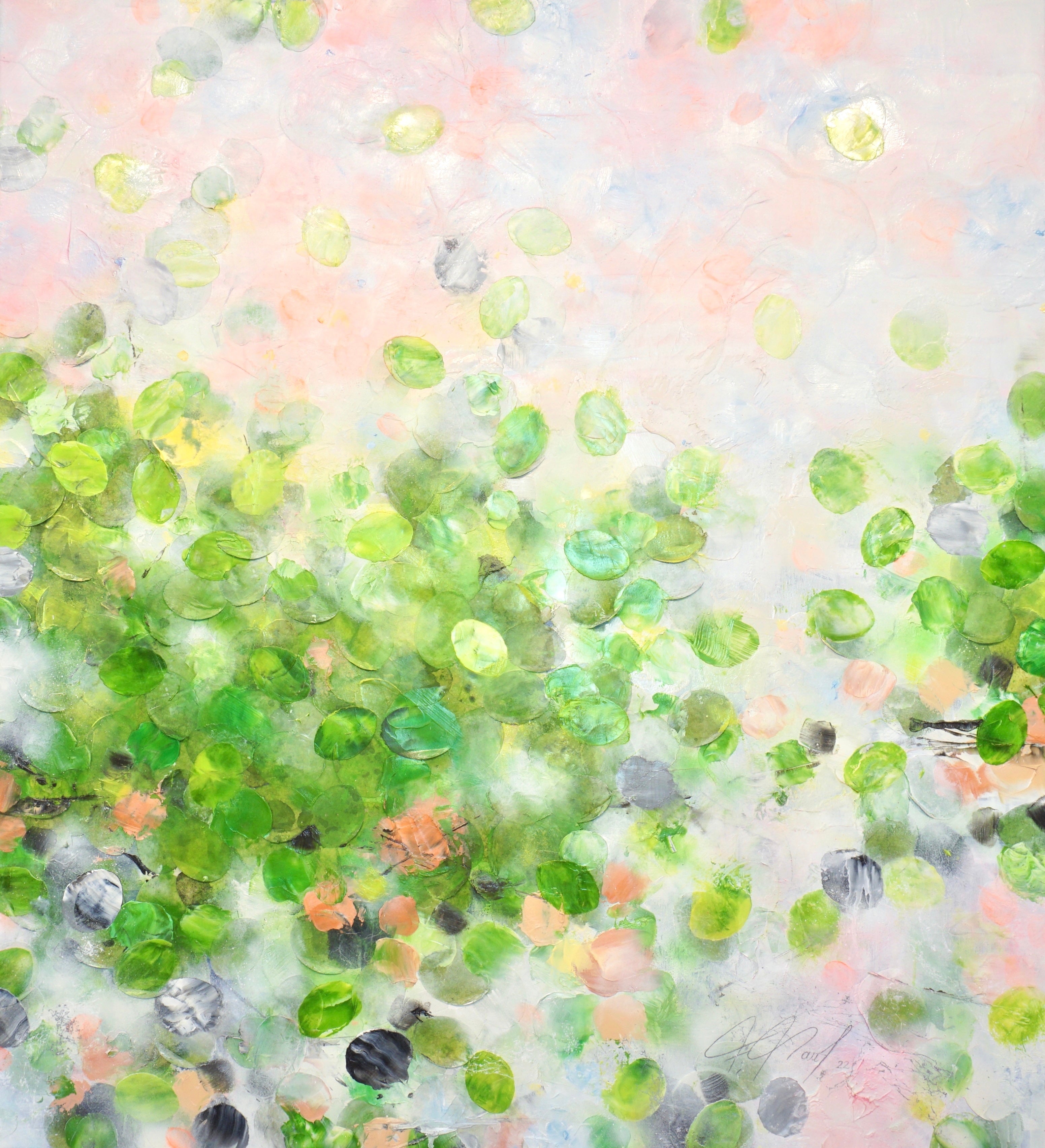 Forest Glade II_Oil,Acrylic,Rice Paper on canvas_110x100cm_2022_2900€_Grün_Kunstwerk_Maler