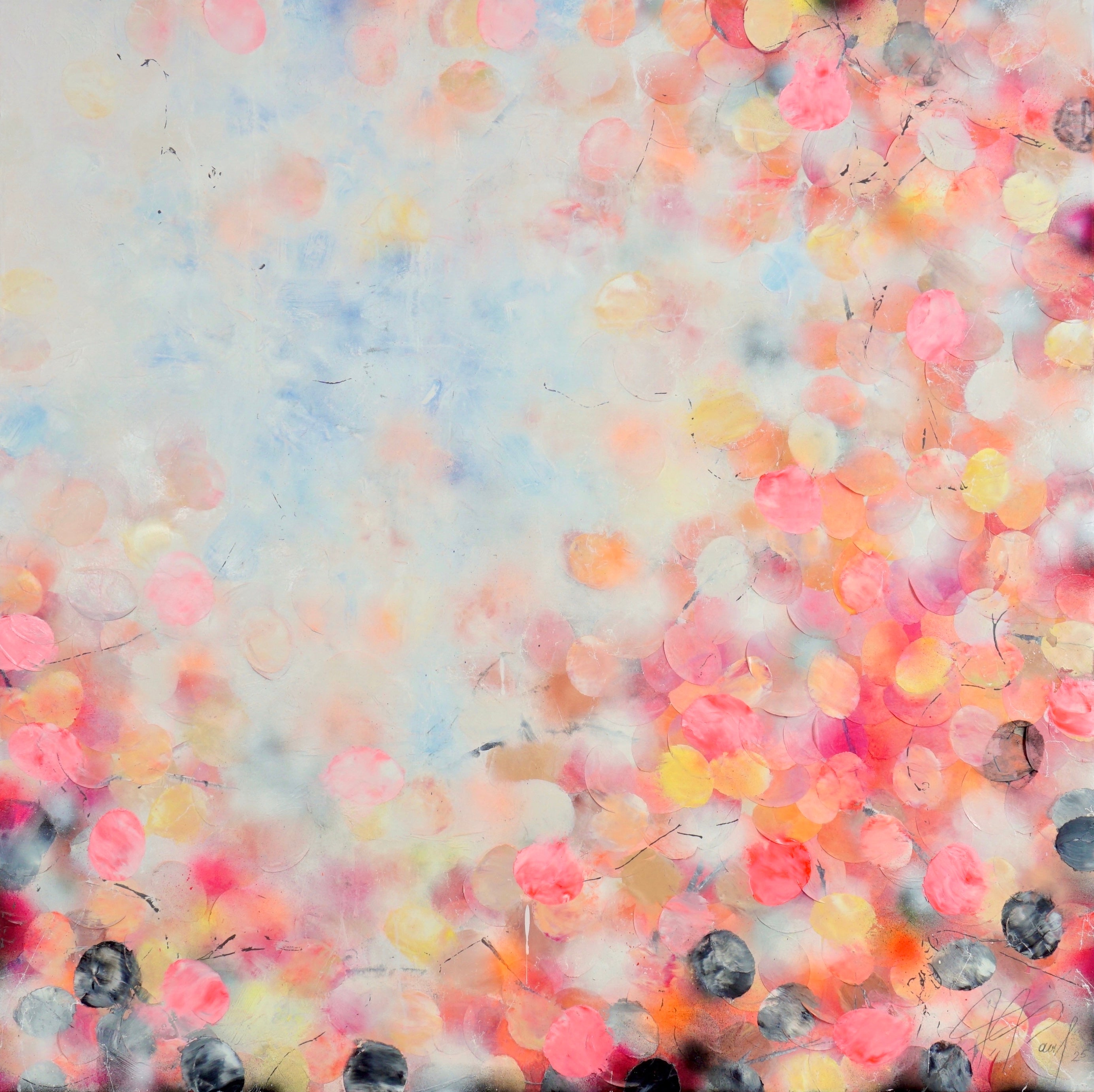 Abstraktes Gemälde mit floralen Strukturen in Neontönen, Öl, Acryl und Reispapier auf Lein