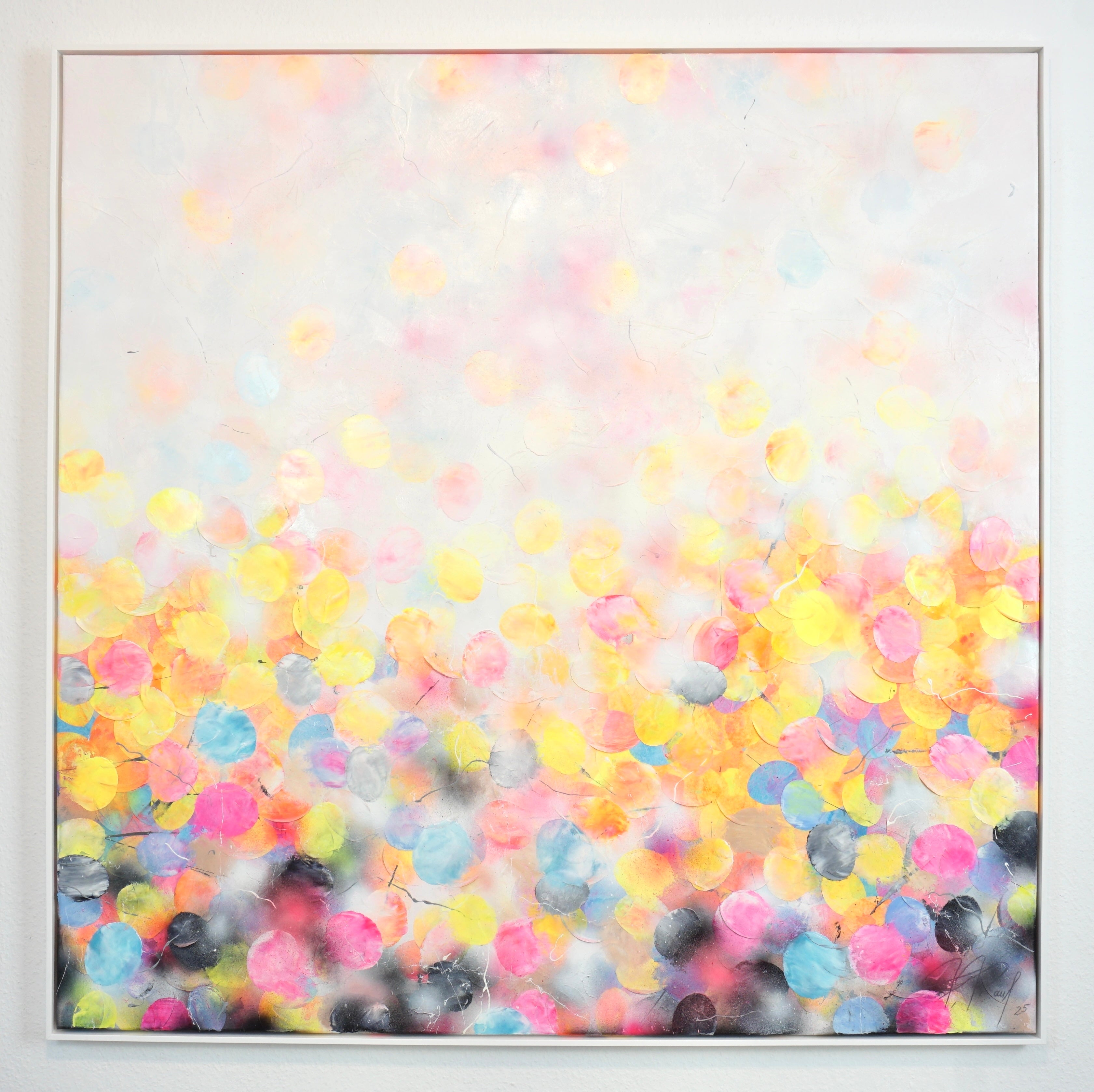 Abstraktes Gemälde mit floralen Strukturen in Neontönen, Öl, Acryl und Reispapier auf Lein