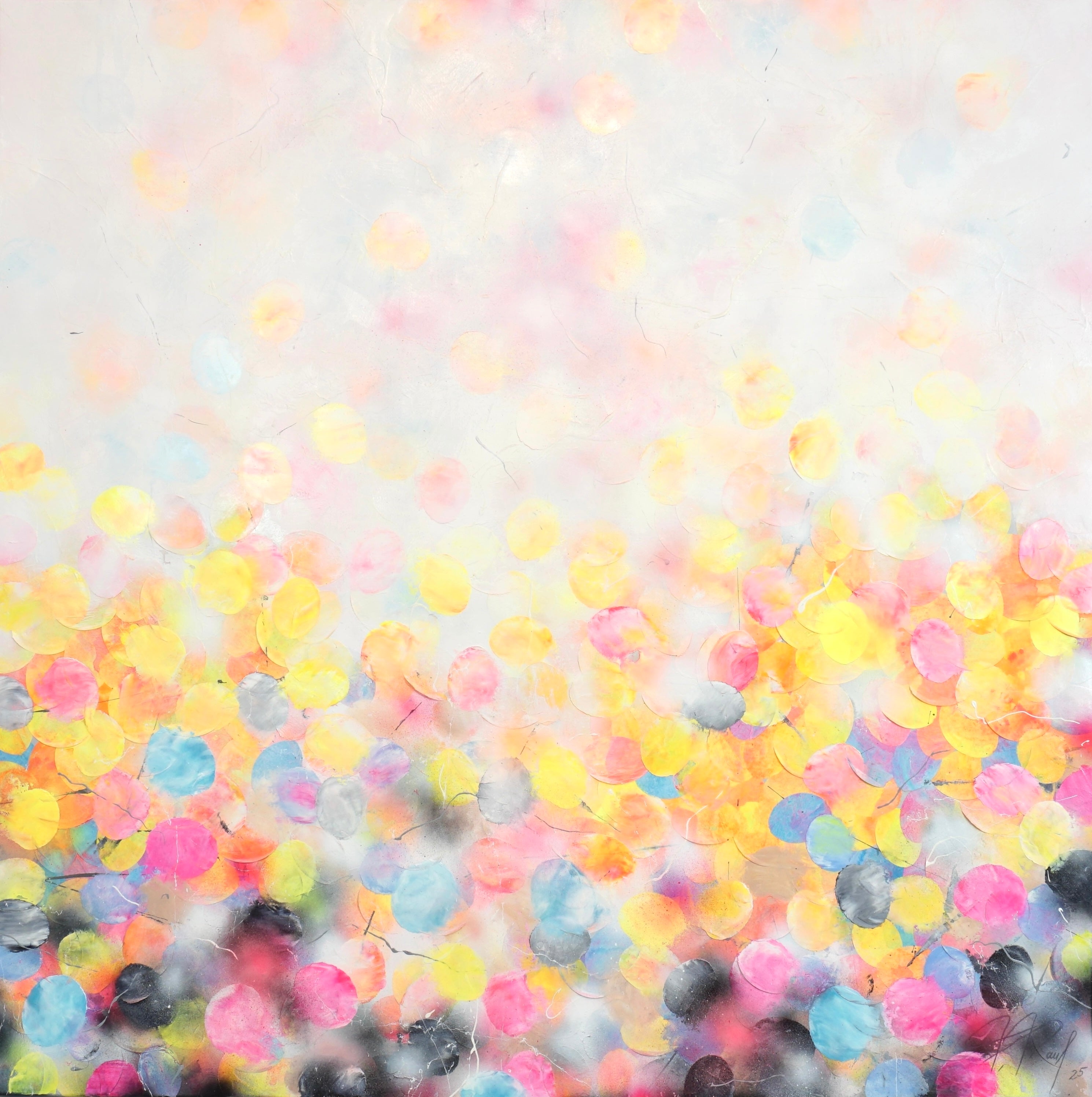 Abstraktes Gemälde mit floralen Strukturen in Neontönen, Öl, Acryl und Reispapier auf Lein