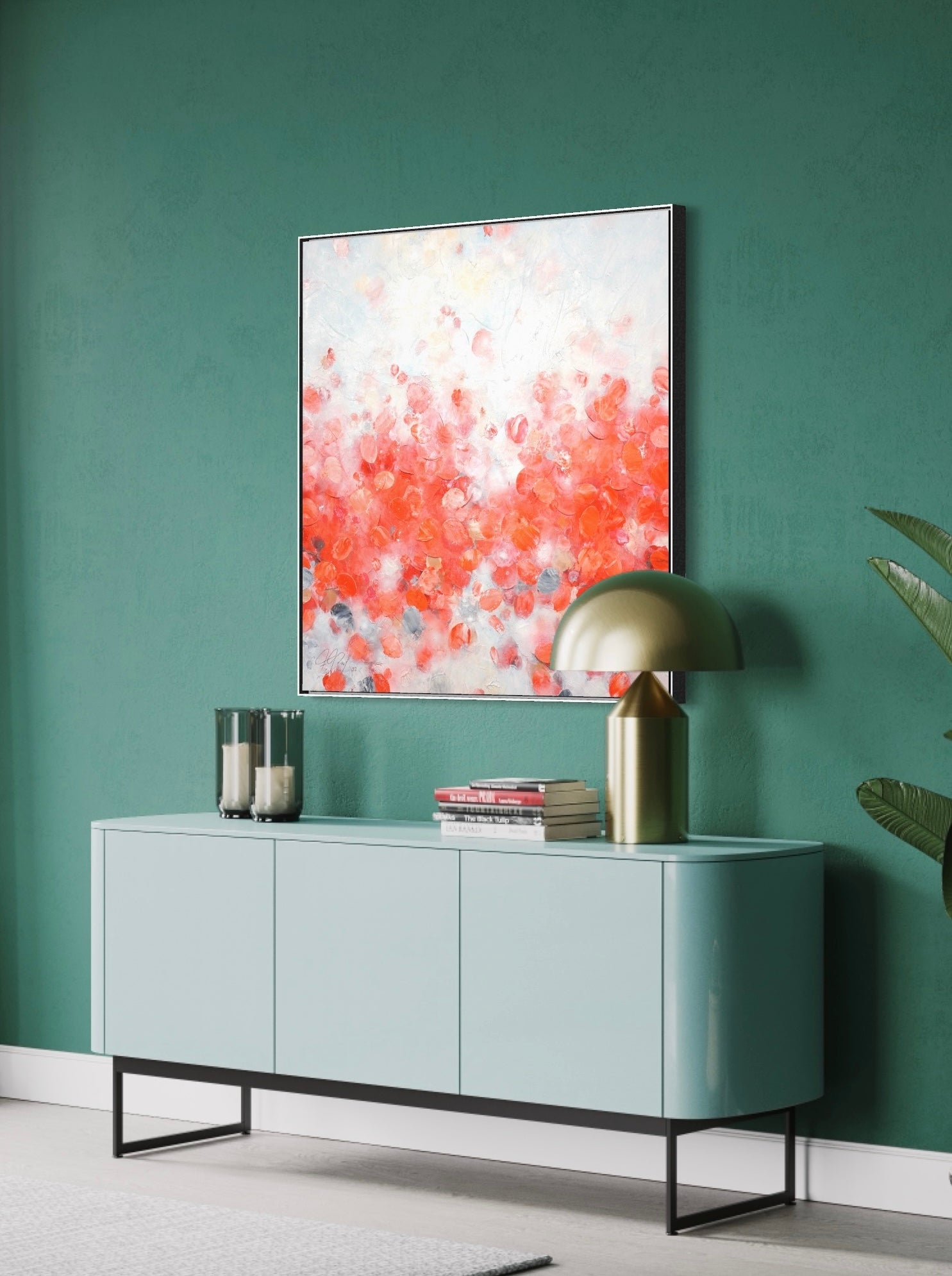 Frederic Paul_Red Tulips Field_Öl,Acryl, Reis Papier auf Leinwand_100x100cm_2022_2800 Euro