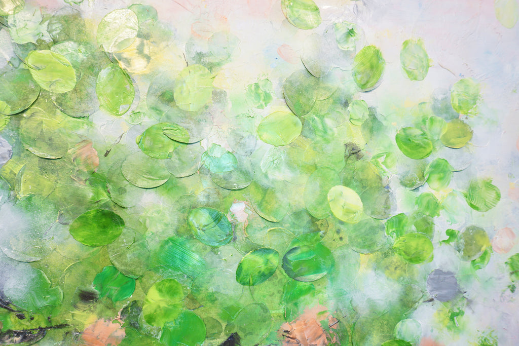 Gentle Day Glow_Oil,Acrylic,Rice Paper on canvas_110x100cm_2022_2900€_Grün_Kunstwerk_Maler