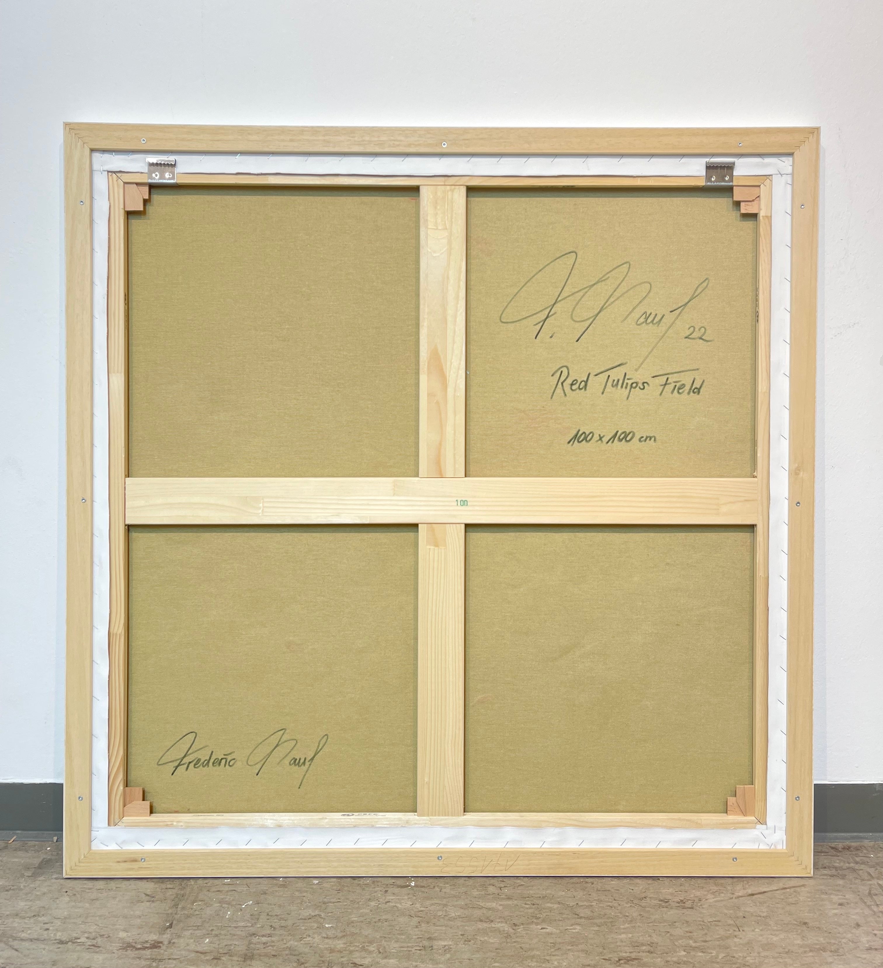 Frederic Paul_Red Tulips Field_Öl,Acryl, Reis Papier auf Leinwand_100x100cm_2022_2800 Euro