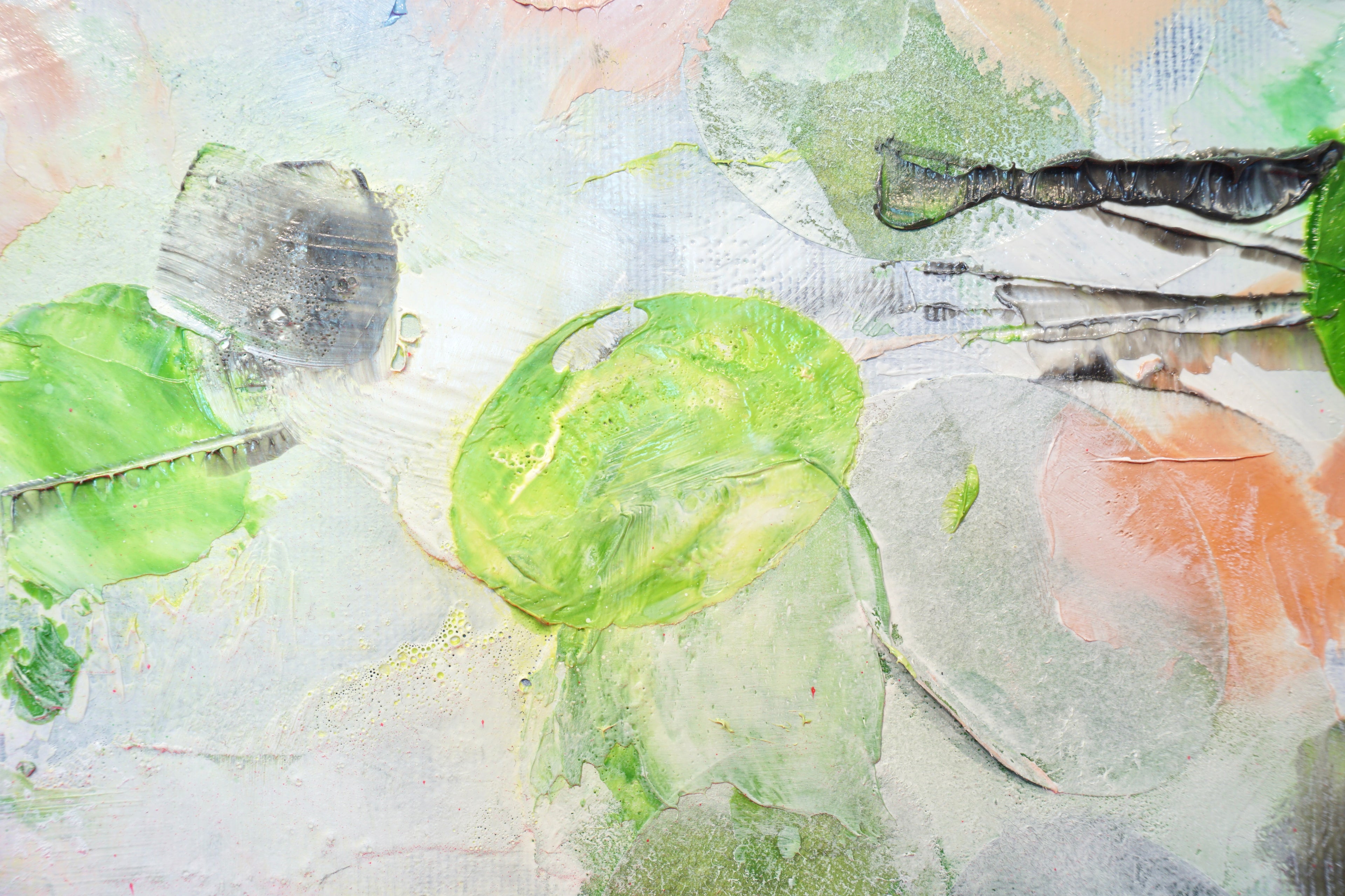 Gentle Day Glow_Oil,Acrylic,Rice Paper on canvas_110x100cm_2022_2900€_Grün_Kunstwerk_Maler